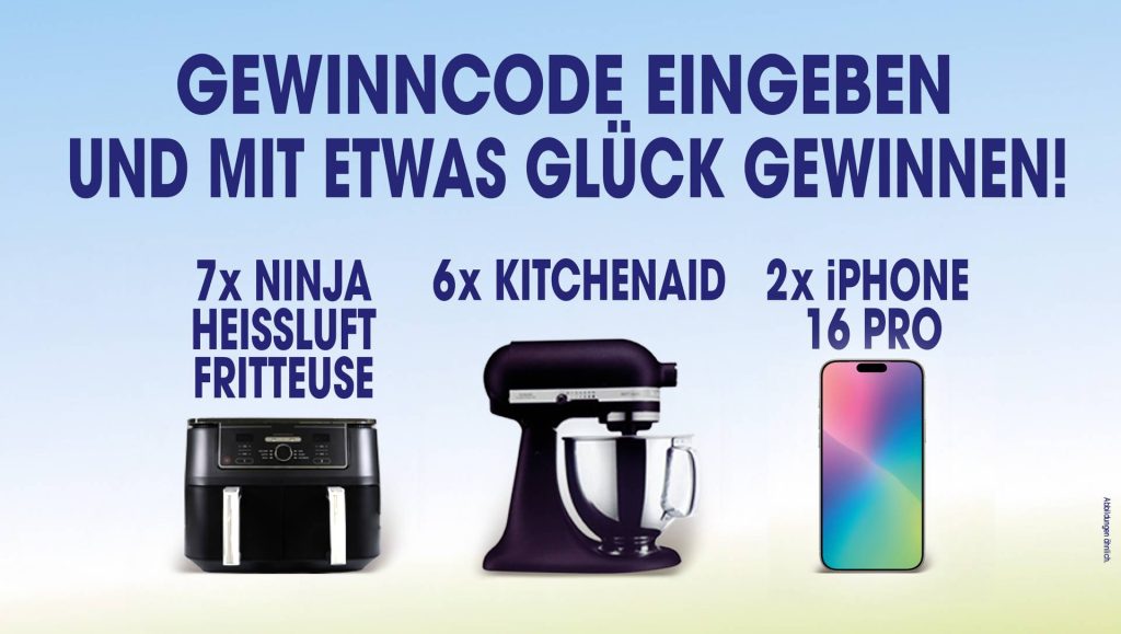 Übersicht über die möglichen Gewinne: Heissluftfritteuse, Kitchenaid, iPhone 16 Pro