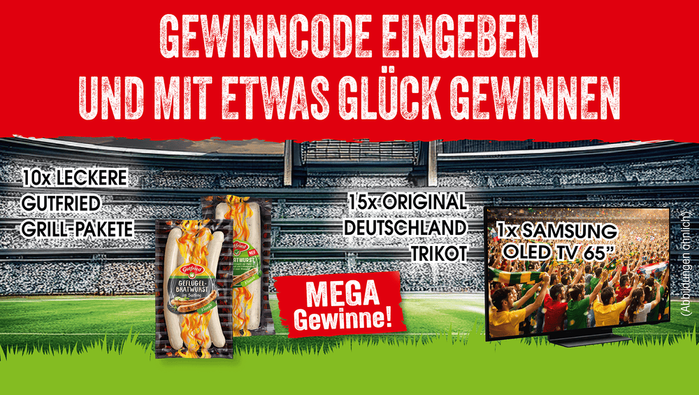 Übersicht über die möglichen Gewinne: 10x Gutfried Grill-Paket, 15x Original Deutschland Trikot, 1x Samsung OLED TV 65"